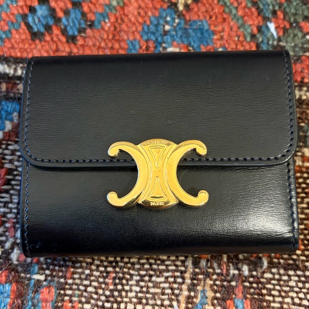 Celine Black Leather Wallet with Gold Triomphe Hardware